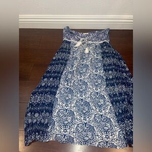 Blue and White Patterned Sleeveless sunDress with tassels large